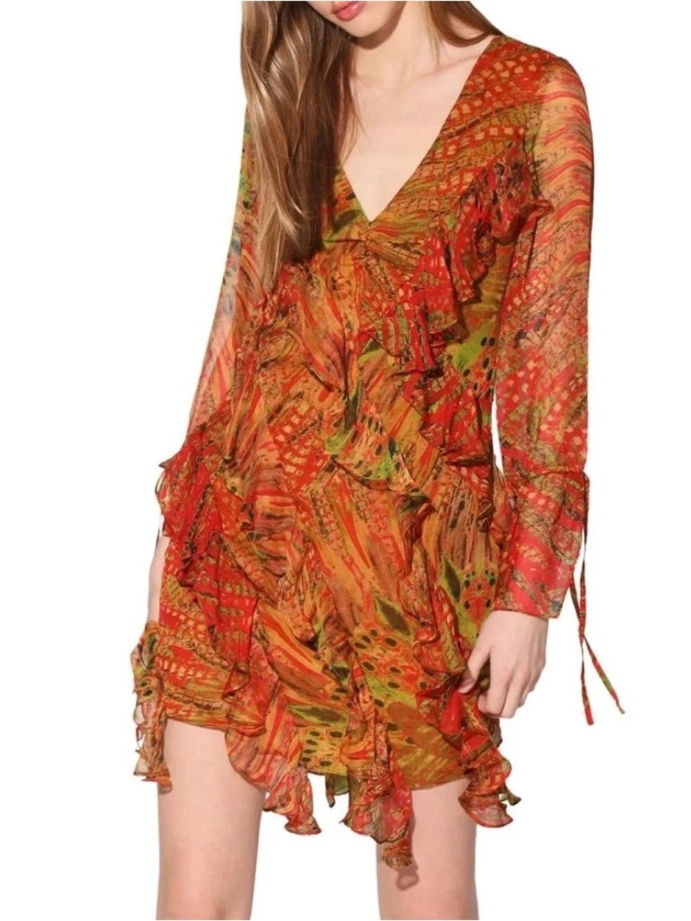 Walter Baker Orange Red Printed Ruffle Mini Dress